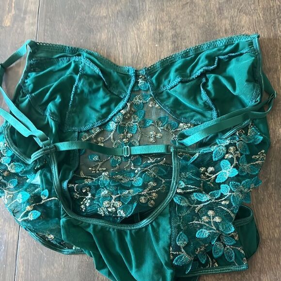 Mesh Sheer Lace-Up Embroidered Teddy Lingerie Snap Crotch Bodysuit - Picture 12 of 14